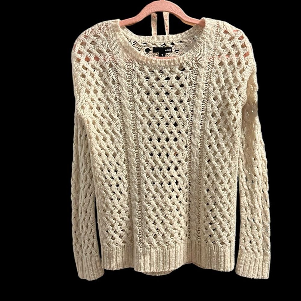 Aqua open crochet cream color cable knit sweater crewneck Sz S